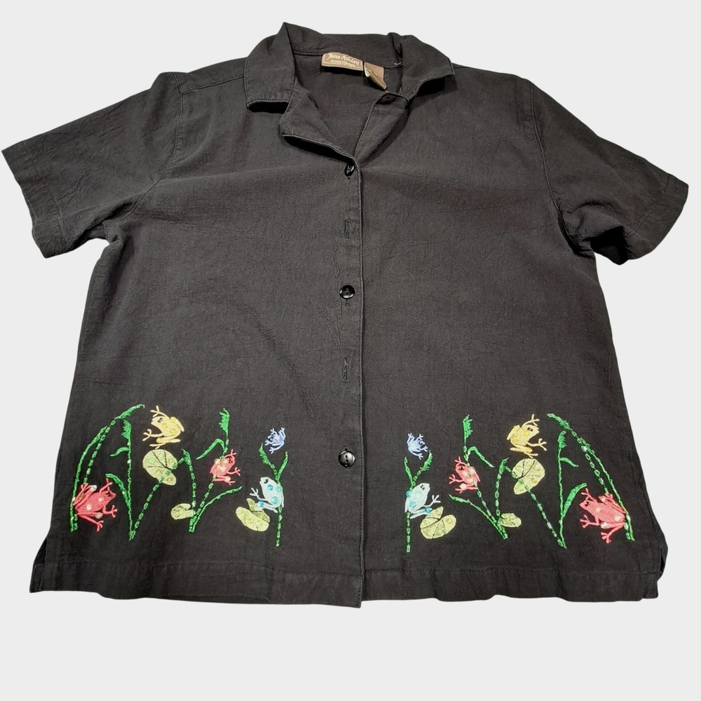 Jane Ashley Womens Large Black Cotton Embroidered Frog Lily Pad Button Up Shirt